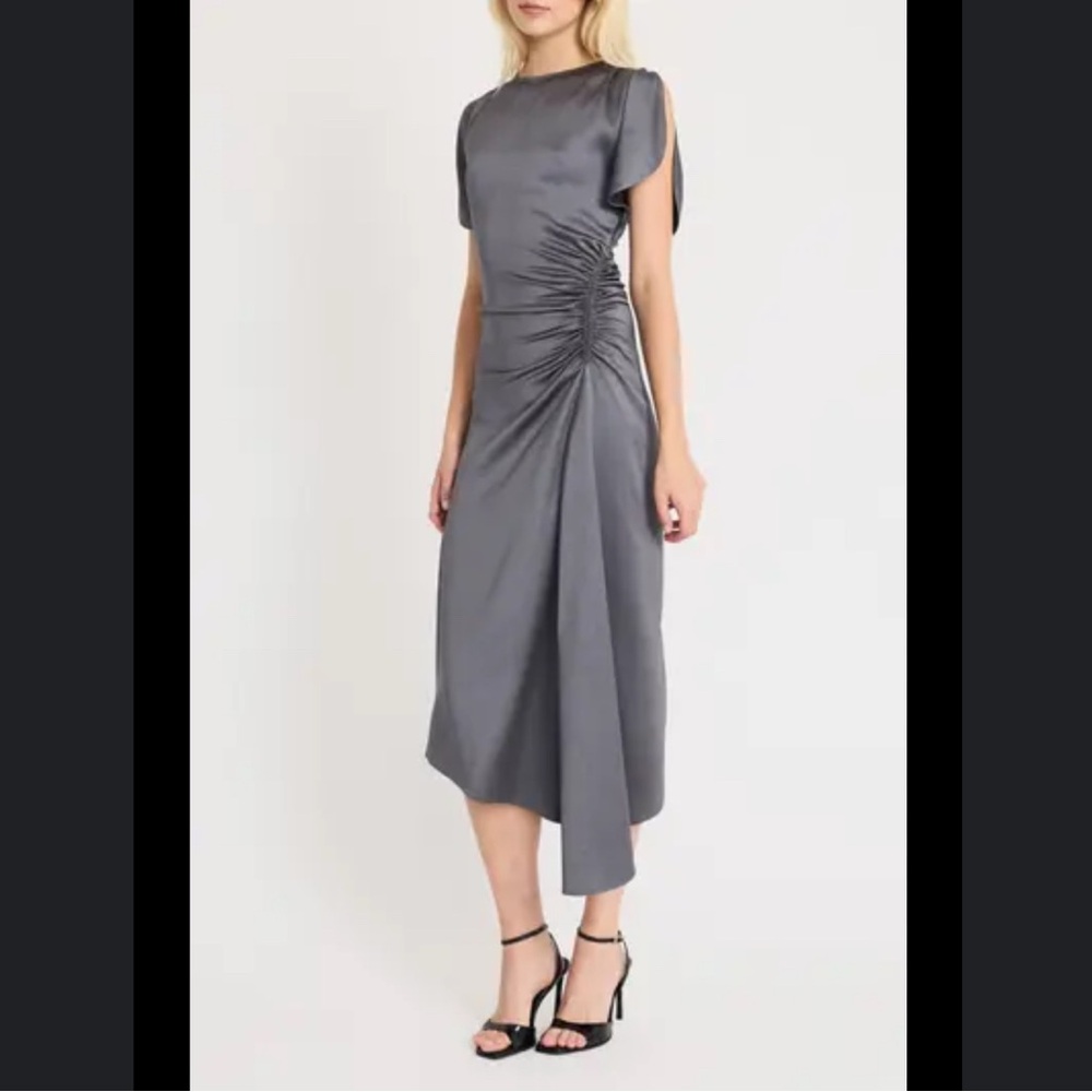 Luxely Short Sleeve Asymmetric Draped Midi Dress
